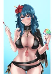Rule 34 | 1girl, absurdres, belt, bikini, black belt, black bikini, black capelet, blue eyes, blue hair, breasts, byleth (female) (fire emblem), byleth (female) (summer) (fire emblem), byleth (fire emblem), capelet, cowboy shot, cup, drie, fire emblem, fire emblem: three houses, fire emblem heroes, flower, food, hair flower, hair ornament, hibiscus, highres, holding, holding cup, holding spoon, large breasts, medium hair, navel, nintendo, official alternate costume, red flower, shaved ice, solo, spoon, standing, swimsuit