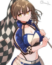 1girl alternate_costume bandeau black_panties blue_bandeau blue_jacket blue_skirt breasts brown_eyes checkered_flag commentary_request flag highleg highleg_panties highres jacket kaga_(kancolle) kantai_collection large_breasts long_hair matsunaga_(haku) midriff panties race_queen side_ponytail simple_background skirt solo twitter_username underwear upper_body white_background