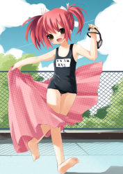 Rule 34 | 1girl, black one-piece swimsuit, brown eyes, cloud, day, fence, goggles, name tag, one-piece swimsuit, red hair, sazaki ichiri, school swimsuit, solo, swimsuit