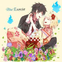 Rule 34 | 1boy, 1girl, 397 (artist), ahoge, ao no exorcist, bad id, bad pixiv id, black hair, blonde hair, blue fire, closed eyes, copyright name, couple, fire, floral print, flower, hair flower, hair ornament, hand on back, happy, hetero, holding hands, japanese clothes, kimono, leaf, lying on person, moriyama shiemi, necktie, okumura rin, open mouth, pants, pietani397, pointy ears, school uniform, seigaiha, short hair, sitting, smile, striped necktie, striped neckwear