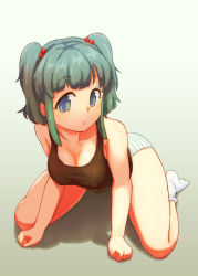 Rule 34 | 1girl, blue eyes, blunt bangs, breasts, cleavage, covered erect nipples, gradient background, green hair, grey background, hair bobbles, hair ornament, highres, kaabon meshi, kawashiro nitori, legs apart, looking at viewer, medium breasts, no headwear, panties, short hair, simple background, socks, solo, striped clothes, striped panties, tank top, touhou, two side up, underwear