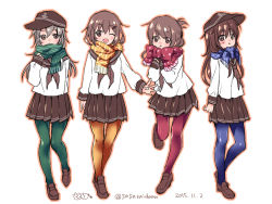 Rule 34 | 10s, 2015, 4girls, :o, :t, ;d, akatsuki (kancolle), alternate legwear, anchor symbol, arm at side, arms at sides, blouse, blue eyes, blue legwear, blue scarf, blush, breasts, brown eyes, brown footwear, brown hair, brown skirt, closed mouth, dated, eyebrows, fang, flat cap, folded ponytail, full body, green legwear, green scarf, grey hair, hair between eyes, hair ornament, hairclip, hat, hibiki (kancolle), ikazuchi (kancolle), inazuma (kancolle), kantai collection, loafers, long hair, long sleeves, looking at viewer, miniskirt, multiple girls, neckerchief, one eye closed, open mouth, pantyhose, plaid, plaid scarf, pleated skirt, polka dot, pout, red legwear, red scarf, sasachin (k+w), scarf, school uniform, serafuku, shirt, shoes, short hair, simple background, skirt, small breasts, smile, standing, standing on one leg, striped clothes, striped scarf, thigh gap, twitter username, white background, white hair, white shirt, yellow legwear, yellow scarf