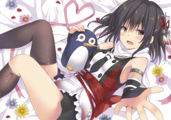 Rule 34 | 10s, 1girl, :d, bare shoulders, bed sheet, black necktie, black skirt, blush, brown eyes, brown hair, brown socks, buttons, detached sleeves, flower, hair ribbon, headgear, heart, heart of string, jewelry, kantai collection, kneehighs, long sleeves, looking at viewer, lying, necktie, on back, open mouth, reaching, red shirt, ribbon, ring, sash, scarf, sendai (kancolle), sendai kai ni (kancolle), shirt, single kneehigh, single sock, single thighhigh, skirt, sleeveless, smile, socks, solo, stuffed animal, stuffed penguin, stuffed toy, takanashi haruto, thighhighs, wedding band, white scarf