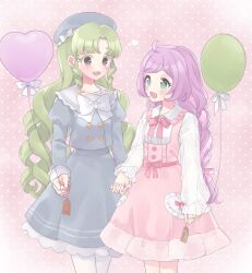 Rule 34 | 2girls, :d, bad id, bad twitter id, balloon, beret, blue dress, braid, collared dress, collared shirt, colored eyelashes, commentary request, dress, falulu, falulu (awakened), green eyes, green hair, grey eyes, hair down, hat, heart balloon, highres, holding, holding balloon, holding hands, inactive account, long hair, long sleeves, looking at another, manaka laala, multiple girls, neck ribbon, open mouth, parted bangs, pink dress, pink ribbon, pretty series, pripara, puffy sleeves, purple hair, ribbon, shirt, shiyurinpu, sidelocks, smile, standing, twin braids, very long hair, white shirt