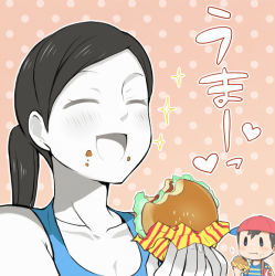 Rule 34 | 1boy, 1girl, agemono, baseball cap, black hair, blue eyes, blush, breasts, burger, cleavage, colored skin, eating, closed eyes, food, food on face, hat, heart, holding, looking at another, mother (game), mother 2, ness (mother 2), nintendo, open mouth, ponytail, short hair, smile, standing, super smash bros., translation request, white skin, wii fit, wii fit trainer, wii fit trainer (female)