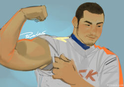 Rule 34 | 1boy, absurdres, asian, bara, baseball uniform, biceps, buzz cut, facial hair, flexing, goatee, highres, incredibly absurdres, large pectorals, long sideburns, looking to the side, male focus, mature male, muscular, muscular male, original, pectorals, powerlesssong, short hair, sideburns, sketch, sleeve pull, solo, sportswear, stubble, thick eyebrows, upper body, very short hair