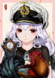 Rule 34 | 1girl, artist name, bird, black gloves, blush, chicken, chinese new year, chinese zodiac, closed mouth, colored eyelashes, english text, gloves, grey gloves, hat, headphones, highres, holding, light purple hair, lips, looking at viewer, low twintails, military hat, nengajou, new year, peaked cap, pink background, portrait, rail (silverbow), red eyes, rooster, short sleeves, smile, stopwatch, text focus, twintails, u96 (warship girls r), warship girls r, watch, white hat, year of the rooster, zipper pull tab