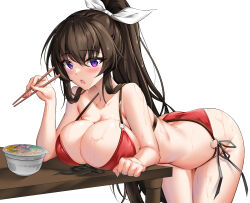 Rule 34 | 1girl, bare arms, bare shoulders, bent over, bikini, black hair, blush, breast rest, breasts, chopsticks, cleavage, clenched hand, collarbone, counter:side, cowboy shot, cup ramen, elbow rest, elze (s01047480836), food, hair between eyes, hair ribbon, halterneck, hand up, high ponytail, highres, holding, holding chopsticks, large breasts, long hair, looking at object, noodles, o-ring, o-ring bikini, open mouth, purple eyes, ramen, red bikini, ribbon, side-tie bikini bottom, simple background, solo, string bikini, swimsuit, table, thighs, very long hair, wet, white background, white ribbon, yoo mina