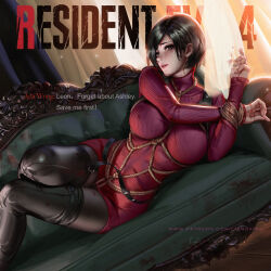 Rule 34 | 1girl, ada wong, black hair, black pantyhose, bob cut, boots, bound, bound wrists, breasts, brown eyes, copyright name, dress, dutch angle, english text, highres, indoors, large breasts, liang xing, looking at viewer, pantyhose, parted lips, red dress, resident evil, resident evil 4, resident evil 4 (remake), shibari, shibari over clothes, short hair, solo, thigh boots, turtleneck, turtleneck dress