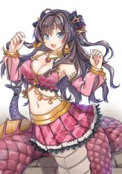 Rule 34 | &gt;:3, &gt;:d, 10s, 1girl, :3, :d, ahoge, blue eyes, blush, bow, breasts, brown hair, cleavage, detached sleeves, earrings, hair bow, heart, heart necklace, highres, ichinose shiki, idolmaster, idolmaster cinderella girls, jewelry, kou (garakuta teikoku), lamia, large breasts, long hair, looking at viewer, monster girl, navel, necklace, open mouth, scales, simple background, skirt, smile, solo, twintails, two side up, v-shaped eyebrows, white background