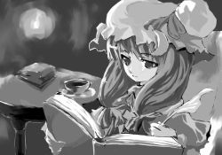 Rule 34 | 1girl, book, cup, female focus, grey background, grey theme, greyscale, hair over shoulder, hat, long hair, monochrome, open book, patchouli knowledge, reading, solo, table, teacup, touhou