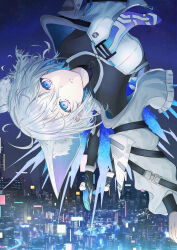 Rule 34 | 1girl, absurdres, ahoge, animal ear fluff, animal ears, black shirt, blue eyes, building, city, city lights, cityscape, coko (cevio), flying, grey jacket, hair between eyes, highres, jacket, long sleeves, messy hair, multicolored eyes, necktie, night, outdoors, parted lips, pink eyes, riteiku (user tarc8275), scenery, shirt, shoes, short hair, sky, solo, upside-down, vocaloid, white hair, wide sleeves
