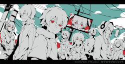 Rule 34 | 4girls, 6+boys, amamiya hibiya, androgynous, cellphone, cloud, cloudy sky, collarbone, copyright name, dated commentary, day, ene (kagerou project), everyone, expressionless, eyes visible through hair, hair between eyes, hand on own chest, headphones, highres, holding, holding phone, hood, hood up, hoodie, kagerou days (vocaloid), kagerou project, kano shuuya, kido tsubomi, kisaragi momo, kisaragi shintarou, kiyo (chaoschyan), konoha (kagerou project), kozakura marry, letterboxed, long hair, monitor, multiple boys, multiple girls, official style, parted lips, phone, ponytail, power lines, red eyes, road sign, seto kousuke, shorts, sidelocks, sideways glance, sign, sky, smartphone, spot color, traffic light, utility pole, vocaloid