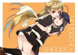 Rule 34 | 2girls, :3, :d, ahoge, ass, black gloves, black ribbon, black serafuku, black shirt, black skirt, black socks, blonde hair, blush, braid, brown footwear, character name, chig, closed eyes, collarbone, commentary request, facing viewer, fang, fingerless gloves, from behind, gloves, hair between eyes, hair flaps, hair ornament, hair ribbon, hairclip, head tilt, hug, kantai collection, kneehighs, leg up, loafers, long hair, looking at viewer, looking back, miniskirt, multiple girls, open mouth, orange background, outside border, panties, pantyshot, pleated skirt, puffy short sleeves, puffy sleeves, raised eyebrows, red eyes, red ribbon, ribbon, round teeth, scarf, school uniform, serafuku, shigure (kancolle), shirt, shoes, short sleeves, simple background, single braid, skirt, sleeve cuffs, smile, socks, sweatdrop, teeth, underwear, very long hair, white panties, white scarf, yuudachi (kancolle)
