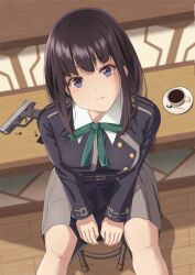 Rule 34 | 1girl, absurdres, aqua ribbon, belt, black hair, blue belt, blue dress, blush, breasts, cartridge, closed mouth, coffee cup, collared shirt, commentary request, cup, dated commentary, disposable cup, dress, grey dress, gun, handgun, highres, indoors, inoue takina, long hair, long sleeves, looking at viewer, lycoris recoil, lycoris uniform, magazine (weapon), matebashi, neck ribbon, partial commentary, pleated dress, purple eyes, ribbon, shadow, shirt, sidelocks, sitting, small breasts, smile, solo, two-tone dress, weapon, weapon request, white shirt
