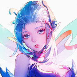 Rule 34 | 1girl, bare shoulders, blue eyes, blue hair, breasts, choker, collarbone, dress, eyelashes, eyeliner, eyeshadow, fairy wings, from side, hair bun, hair ornament, highres, looking at viewer, looking to the side, makeup, mechanical wings, medium breasts, mercy (overwatch), official alternate costume, overwatch, overwatch 1, parted lips, pink lips, pointy ears, portrait, purple dress, ribbon choker, road 233, simple background, single hair bun, sleeveless, sleeveless dress, solo, sparkle, sparkling eyes, sugar plum fairy mercy, white background, wings