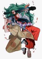 Rule 34 | 1boy, 1girl, blunt bangs, broken handcuffs, club, club (weapon), commentary, cuffs, falling petals, floral print, full body, geta, hakama, highres, holding, holding sword, holding weapon, horns, japanese clothes, kanabou, kikunojo (one piece), kimono, looking ahead, mask, one piece, oratoza, petals, pink petals, ponytail, profile, red hakama, red horns, red petals, rope, shimenawa, sidelocks, simple background, sword, symbol-only commentary, weapon, white background, white kimono, wide sleeves, yamato (one piece), yellow kimono