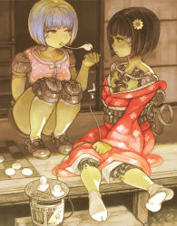 Rule 34 | 2girls, android, black hair, blue hair, catcar0983, chopsticks, eating, flower, food, highres, japanese clothes, kimono, looking at another, mochi, multiple girls, original, short hair, wagashi