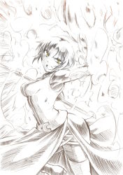 Rule 34 | 00s, 1girl, breasts, female focus, monochrome, open mouth, pointy ears, sasou hime, segami daisuke, shin tenmakai ~goc iv another side~, short hair, sketch, solo, spot color, yellow eyes