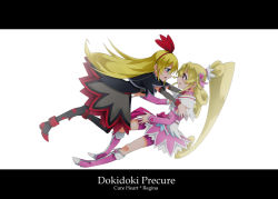 Rule 34 | 2girls, aida mana, animal print, bad id, bad pixiv id, bat print, bike shorts, blonde hair, blush, boots, bow, brooch, character name, copyright name, couple, cure heart, dokidoki! precure, hairband, half updo, heart, heart brooch, imminent hug, jewelry, knee boots, letterboxed, long hair, multiple girls, nakaya 106, outstretched arms, pantyhose, pink bow, precure, print legwear, reaching, reaching towards viewer, red ribbon, regina (dokidoki! precure), ribbon, simple background, white background, yuri