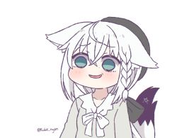 Rule 34 | 1girl, animal ears, blush, bow, bowtie, braid, ears down, false smile, fox ears, fox tail, green eyes, grey hat, grey shirt, hat, hololive, kukie-nyan, shaded face, shirakami fubuki, shirakami fubuki (street), shirt, side braid, simple background, smile, solo, tail, twitter username, upper body, virtual youtuber, white background, white bow, white bowtie, white hair, wide-eyed