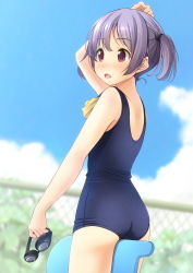 Rule 34 | 1girl, ass, between thighs, blue sky, blurry, blush, chain-link fence, cloud, commentary request, cowboy shot, day, depth of field, fence, goggles, unworn goggles, highres, kickboard, open mouth, original, outdoors, poolside, purple hair, red eyes, school swimsuit, shibacha, short hair, sky, solo, unworn swim cap, swimsuit, twintails