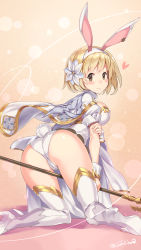 Rule 34 | 10s, 1girl, alternate costume, animal ears, ass, blonde hair, blush, breasts, brown eyes, cape, cleavage, djeeta (granblue fantasy), fake animal ears, flower, granblue fantasy, hair flower, hair ornament, hairband, heart, high heels, highres, holding, holding staff, kuro chairo no neko, large breasts, leotard, looking at viewer, looking back, puffy short sleeves, puffy sleeves, rabbit ears, rabbit tail, sage (granblue fantasy), shoes, short hair, short sleeves, smile, solo, staff, tail, thighhighs, twitter username, white footwear, white leotard, white thighhighs, wrist cuffs