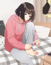 Rule 34 | 1girl, applying manicure, applying pedicure, barefoot, black hair, blurry, blurry background, bob cut, cellphone, charger, depth of field, drawstring, eyebrows hidden by hair, feet, grey eyes, grey pants, hood, hood down, hooded jacket, indoors, jacket, knee up, long sleeves, mattaku mousuke, nail polish, nail polish bottle, on bed, original, painting nails, pants, parted lips, phone, pillow, pink jacket, plaid, red nails, short hair, sitting, sleeves past wrists, solo, stuffed animal, stuffed cat, stuffed toy, thick eyebrows, toenail polish, toenails, twitter username, watermark
