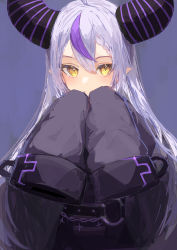 Rule 34 | 1girl, absurdres, belt, blush, chain, closed mouth, dress, hands up, highres, hololive, horns, ichika (ichika87), la+ darknesss, long hair, long sleeves, looking at viewer, multicolored hair, pointy ears, purple dress, purple hair, silver hair, simple background, sleeves past fingers, sleeves past wrists, smile, solo, streaked hair, two-tone hair, upper body, very long hair, virtual youtuber