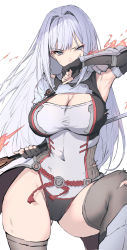 Rule 34 | 1girl, arm guards, armor, black gloves, blue eyes, breasts, cleavage, cleavage cutout, clothing cutout, elbow gloves, ethel (xenoblade), fingerless gloves, fire, gloves, grey hair, grey thighhighs, haoni, highres, large breasts, leotard, long hair, looking at viewer, pauldrons, polearm, shoulder armor, solo, spear, thighhighs, thighs, weapon, xenoblade chronicles (series), xenoblade chronicles 3