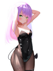 Rule 34 | 1girl, absurdres, armpits, arms behind head, arms up, black leotard, black pantyhose, blush, cameltoe, closed mouth, covered navel, cowboy shot, demon tail, embarrassed, green eyes, hair down, heart o-ring, highleg, highleg leotard, highres, hololive, leg tattoo, leotard, long hair, looking at viewer, narrow waist, o-ring, o-ring thigh strap, pantyhose, piercing, playboy bunny, purple hair, simple background, solo, straight hair, strapless, strapless leotard, swept bangs, tail, tail ornament, tail piercing, tattoo, thigh strap, tokoyami towa, up (osk50217), virtual youtuber, white background, wide hips