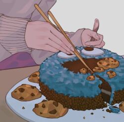 Rule 34 | 1other, ambiguous gender, cake, chocolate chip cookie, chopsticks, cookie, cookie monster, dessert, food, food focus, grey background, hnzw kun, holding, holding chopsticks, holding spoon, original, plate, sesame street, solo, spoon, sweater, table, wooden table