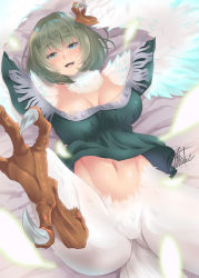 Rule 34 | 1girl, :d, bed sheet, bird legs, blue eyes, blurry, blurry foreground, blush, breasts, cleavage, clip studio paint (medium), commentary request, cowboy shot, dutch angle, feather collar, feathered wings, feathers, fringe trim, gluteal fold, green eyes, green hair, green shirt, groin, hair between eyes, hair intakes, harpy, heterochromia, highres, idolmaster, idolmaster cinderella girls, kirisaki byakko, large breasts, leg up, looking at viewer, lying, mole, mole under eye, monster girl, monsterification, navel, on back, on bed, open mouth, shirt, short hair, sidelocks, signature, smile, solo, stomach, takagaki kaede, talons, teeth, upper teeth only, winged arms, wings