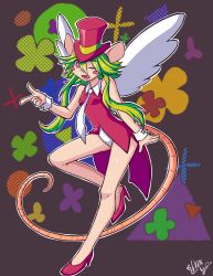 Rule 34 | 1girl, animal ears, blush stickers, breasts, green hair, hat, highres, leotard, lucas-shiroi, mad rat dead, mouse (animal), mouse ears, mouse girl, mouse tail, nippon ichi, rat god, red eyes, tail, tie clip, top hat, wings, wrist cuffs