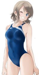 Rule 34 | 1girl, blue eyes, blush, breasts, brown hair, competition swimsuit, hanamaruyama628, highres, looking at viewer, love live!, love live! sunshine!!, one-piece swimsuit, one eye closed, short hair, simple background, smile, solo, swimsuit, thighs, watanabe you, wavy hair, white background