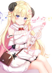 Rule 34 | 1girl, animal ears, blonde hair, breasts, detached sleeves, dress, fur trim, hair ornament, hairclip, harp, highres, hololive, horns, instrument, large breasts, long hair, long sleeves, looking at viewer, music, musical note, playing instrument, pocketbook, purple eyes, rainbow gradient, sheep girl, sheep horns, sidelocks, simple background, sitting, smile, solo, staff (music), tsunomaki watame, tsunomaki watame (1st costume), virtual youtuber, white background, white dress, yuano