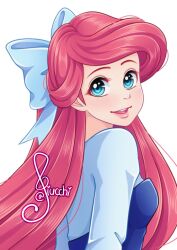 Rule 34 | 1girl, animification, ariel (disney), artist name, blue bow, blue dress, blue eyes, bow, dress, giugiucchi, hair bow, highres, long hair, looking at viewer, open mouth, red hair, signature, simple background, solo, the little mermaid, upper body, watermark, white background