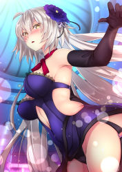 Rule 34 | 1girl, ahoge, arched back, armpits, backlighting, bare shoulders, black gloves, black panties, blush, breasts, choker, clothing cutout, cowboy shot, dress, elbow gloves, fate/grand order, fate (series), flower, foreshortening, from below, garter straps, gloves, hair flower, hair ornament, hatori mia, highres, indoors, jeanne d&#039;arc (fate), jeanne d&#039;arc alter (avenger) (fate), jeanne d&#039;arc alter (avenger) (third ascension) (fate), jeanne d&#039;arc alter (fate), lace trim, large breasts, long hair, looking at viewer, looking down, medium breasts, navel cutout, official alternate costume, open mouth, panties, purple dress, red ribbon, ribbon, ribbon choker, shiny skin, silver hair, solo, sparkle, standing, strapless, strapless dress, thighs, underwear, upskirt, very long hair, yellow eyes