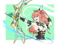Rule 34 | absurdres, antenna hair, armor, arms up, bad link, bare shoulders, black bra, blue eyes, bow (weapon), bra, braid, breasts, cleavage, collar, detached sleeves, dragalia lost, hair ornament, high ponytail, highres, large breasts, long hair, louise (dragalia lost), paperweight joe, pink hair, shirt, sideboob, smile, solo, underwear, weapon, white shirt, wind