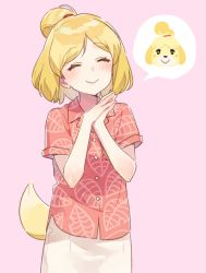 Rule 34 | 1girl, ^ ^, animal crossing, animal ears, blonde hair, blouse, blush, closed eyes, closed mouth, cowboy shot, dog ears, dog girl, dog tail, female focus, flat chest, hawaiian shirt, hechima (issindotai), highres, isabelle (animal crossing), leaf print, nintendo, own hands together, personification, pink background, print shirt, red shirt, shirt, short hair, short sleeves, simple background, skirt, smile, solo, standing, tail, topknot, white skirt