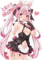 Rule 34 | 1girl, ahoge, animal ears, black gloves, black ribbon, blunt bangs, blush, breasts, commentary request, gloves, hair ornament, hair ribbon, highres, long hair, looking at viewer, medium breasts, navel, pink eyes, pink hair, rabbit ears, ribbon, rikotan, simple background, single thighhigh, solo, thick eyebrows, thighhighs, thighs, tomari mari, tomari mari channel, twintails, very long hair, virtual youtuber, white background, white thighhighs, x hair ornament