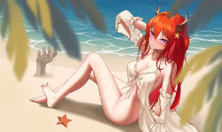 Rule 34 | 1girl, arknights, ass, babydoll, bad anatomy, bare shoulders, barefoot, beach, blush, bottomless, breasts, burnt clothes, cleavage, closed mouth, collarbone, day, detached sleeves, from behind, hair between eyes, hair ornament, hair rings, heart, heart-shaped pupils, horns, large breasts, long hair, long sleeves, looking at viewer, looking back, nail polish, nose blush, official alternate costume, on ground, outdoors, pink nails, purple eyes, red hair, sand sculpture, solo, star (symbol), star hair ornament, starfish, surtr (arknights), surtr (colorful wonderland) (arknights), symbol-shaped pupils, toenail polish, toenails, very long hair, water, z.m. (zimin)