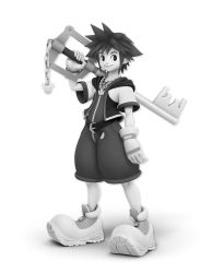 Rule 34 | 1boy, 3d, artist request, belt, chain, closed mouth, collarbone, crotch zipper, disney, fingerless gloves, full body, gloves, greyscale, happy, highres, holding, holding sword, holding weapon, hood, hood down, hooded jacket, jacket, jewelry, keyblade, kingdom hearts, kingdom hearts ii, looking to the side, male focus, mickey mouse, monochrome, necklace, nintendo, official art, open clothes, open jacket, over shoulder, shoes, short hair, short sleeves, sidelocks, simple background, smile, solo, sora (kingdom hearts), spiked hair, super smash bros., sword, toon (style), transparent background, v-shaped eyebrows, weapon, weapon over shoulder, wide sleeves, zipper, zipper pull tab