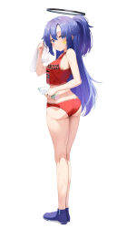 Rule 34 | 1girl, bare shoulders, basketball jersey, blue archive, blue eyes, blush, bottle, breasts, halo, highres, holding, holding bottle, holding towel, ju-ok, long hair, looking at viewer, medium breasts, parted bangs, ponytail, purple hair, shirt, sleeveless, solo, sportswear, standing, sticker on face, sweat, thighs, towel, very long hair, water bottle, yuuka (blue archive)