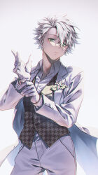 Rule 34 | 1boy, absurdres, adjusting clothes, adjusting gloves, black vest, blue lock, closed mouth, coat, collared shirt, cowboy shot, flower, formal, fukeda chiho, gloves, green eyes, hair between eyes, highres, houndstooth, long sleeves, looking at viewer, male focus, nagi seishirou, open clothes, open coat, pants, print vest, shirt, short hair, simple background, spiked hair, vest, white background, white coat, white gloves, white hair, white pants, white shirt