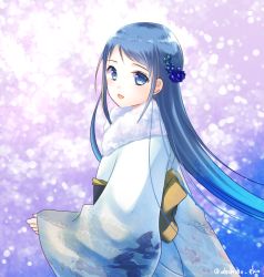 Rule 34 | 10s, 1girl, :d, alternate costume, bad id, bad pixiv id, blue eyes, blue hair, blush, eko, gradient hair, hair ornament, japanese clothes, kantai collection, kimono, long hair, long sleeves, looking at viewer, looking to the side, matching hair/eyes, multicolored hair, open mouth, print kimono, samidare (kancolle), sleeves past wrists, smile, solo, swept bangs, twitter username, very long hair, wide sleeves
