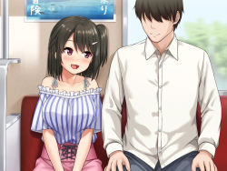 Rule 34 | 1boy, 1girl, :d, black hair, blush, breasts, brother and sister, collarbone, commentary request, diletta, faceless, faceless male, hair ornament, hairclip, height difference, highres, large breasts, long sleeves, looking at another, open mouth, original, pink skirt, sawada yuusuke, shirt, short hair, short sleeves, siblings, sitting, skirt, smile, striped clothes, striped shirt, vertical-striped clothes, vertical-striped shirt, white shirt