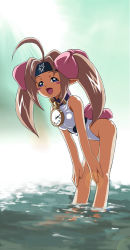 Rule 34 | ahoge, artist request, blush, brown hair, character request, clock, pointy ears, smile, swimsuit, twintails, water