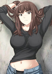 Rule 34 | 1girl, arm behind back, arms up, black panties, black shirt, blue pants, blush, breasts, brown eyes, brown hair, closed mouth, clothes lift, collarbone, covered erect nipples, frown, highres, isse, kiruko (tengoku daimakyou), large breasts, long hair, looking at viewer, navel, nose blush, open pants, panties, pants, shirt, shirt lift, solo, stomach, tengoku daimakyou, underwear, upper body, wall