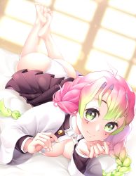 Rule 34 | 1girl, ahoge, ass, bandage on face, bandages, bare shoulders, belt, blush, braid, breast press, breasts, cleavage, closed mouth, feet, foreshortening, gradient hair, green eyes, green hair, hair between eyes, haori, highres, japanese clothes, kanroji mitsuri, kimetsu no yaiba, long hair, long sleeves, looking at viewer, lying, medium breasts, mole, mole under eye, multicolored hair, on stomach, panties, pink hair, pleated skirt, quad braids, skirt, smile, solo, toes, twin braids, twitter username, two-tone hair, unbuttoned, unbuttoned shirt, underwear, uosaasou, white belt, white panties
